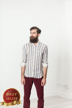 Load image into Gallery viewer, Linen Western Shirt in Beige/Blue - thangtv01737 (4517887541307)